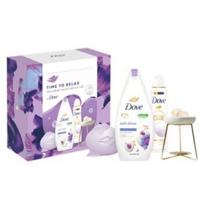 Dove Time To Relax Well-Being Collection sprchový gél Anti-stress 250 ml + tuhé mydlo Relaxing Bar Soap 90 g + antiperspirant Advanced Care Helps Restore 150 ml + arómalampa
